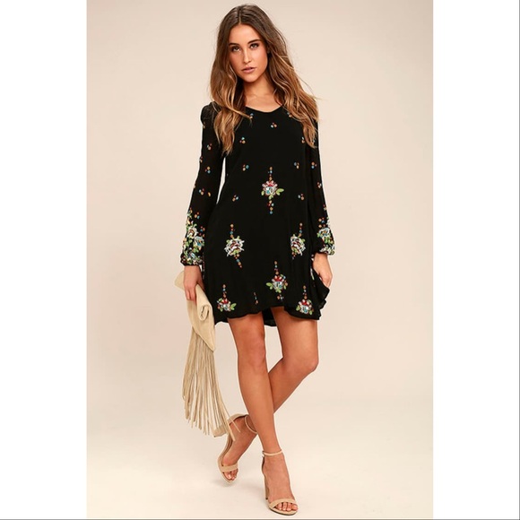 Free People Dresses & Skirts - Free People Oxford Black Embroidered Swing Dress Large Boho Festival Coachella